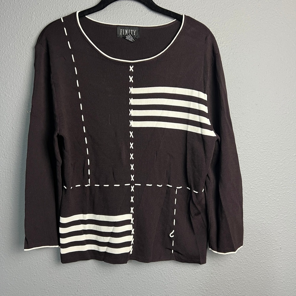 FINITY Black White Graphic Geometric Striped Long Sleeve Knit Top Women's Size L